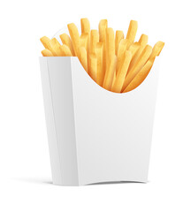 French fries. Potatoes in paper box. Snack fast food takeaway. Popular roasted chips sticks cardboard packing, isolated on white transparent background. Vector illustration