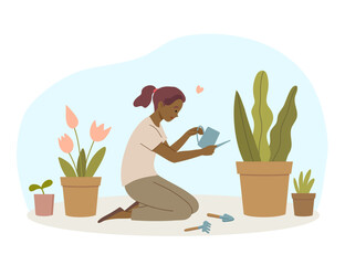 Girl sits in front of potted plant and waters it from a watering can. Take care of houseplants and flowers. Vector illustration.