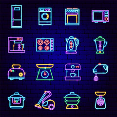 Household Appliances Neon Icons Set. Vector Illustration of Kitchen Gadgets.