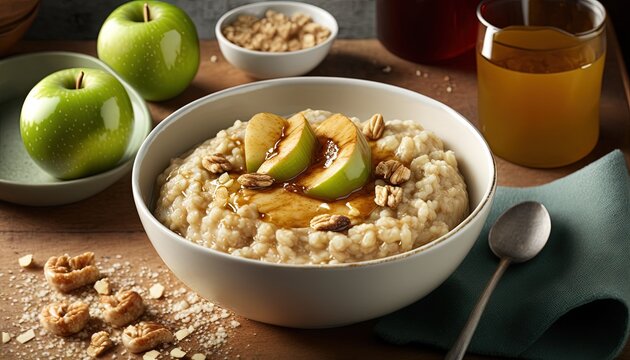  a bowl of oatmeal with apples and walnuts.  generative ai
