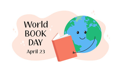 World Book Day. April 23 celebration. Cute cartoon Earth planet holding and reading open book. Vector flat illustration. Holiday poster, banner
