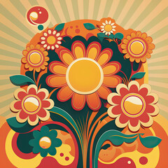 Fototapeta na wymiar Retro 70s style groovy spring or summer poster with flowers and sun