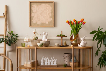 Interior design of spring living room interior with mock up poster frame, glass vase with tulips,...