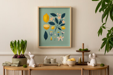 Interior design of easter living room with mock up poster frame, wooden sideboard, hare sculpture, bowl with lemon, pitcher. cube,  beige wall with stucco and personal accessories. Home decor Template
