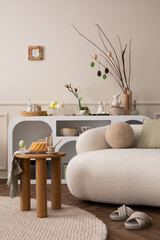 Spring composition of easter living room interior with mock up poster frame,  modern sideboard,...