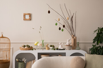 Interior design of easter living room interior with stylish white sideboard, branch with easter eggs, beige bowl, easter bunny, vase with dried flowers and personal accessories. Home decor. Template.