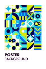 Geometrical Blue Poster. Vector Illustration of Polygonal Memphis Style Website Background Flyer.