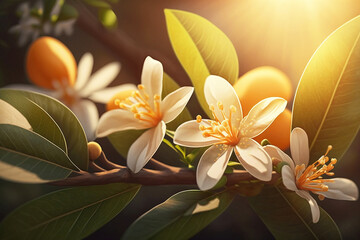 Orange tree blossom under the morning warm sun light, illustration generative AI
