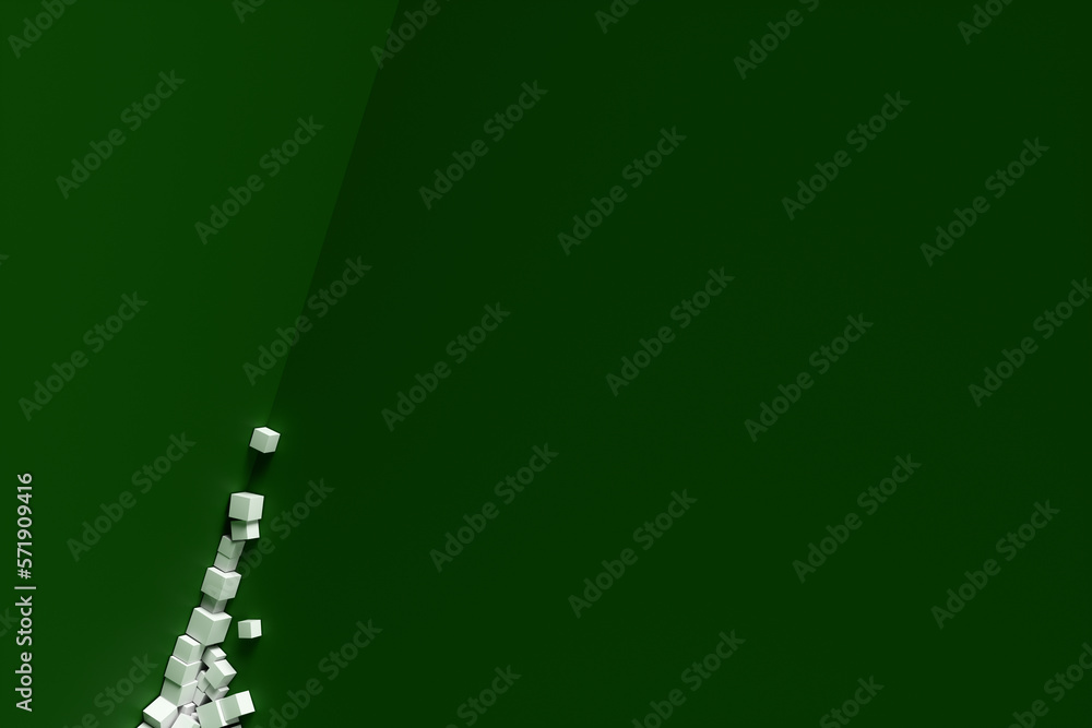 Poster a large pile of abstract white cubes near a green wall. background 3d rendering illustration.