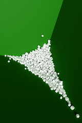 A large pile of abstract white cubes near a green wall. Background 3d rendering illustration.