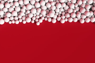 A large pile of abstract white spheres near a red wall. Background 3d rendering illustration.