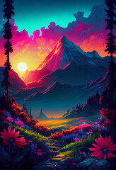 A vibrant oil painting of a landscape featuring forests and mountains. Generative AI.