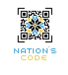 Fototapeta premium Ukrainian vector folk pattern. Ethnic sign, element, logo, qr code stilization in yellow and blue colors. Text translation Nation code. Ukrainian traditional embroidery pattern - vyshyvanka