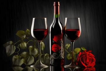Savor the Moment: Red Wine Glasses and Roses on a Striking Red Background