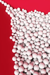A large pile of abstract white spheres near a red wall. Background 3d rendering illustration.