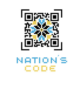 Ukrainian vector folk pattern. Ethnic sign, element, logo, qr code stilization in yellow and blue colors. Text translation Nation code. Ukrainian traditional embroidery pattern - vyshyvanka