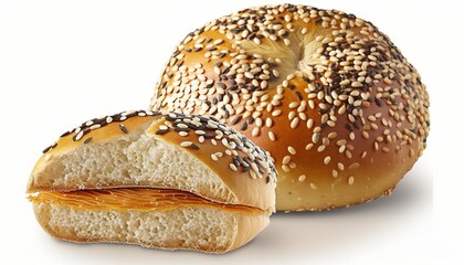Fototapeta premium a bagel with sesame seeds and a bun with a bite taken out of it. generative ai