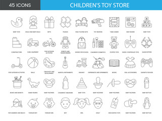 Set of kids toys line icons in vector, baby toys and puzzles, role-playing sets and toy weapon, table games and constructors, robots and transformers, railway, experiences and experiments