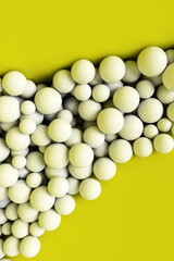 A large pile of abstract white spheres near a yellow wall. Background 3d rendering illustration.