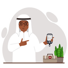 Happy muslim man holds a glucometer in his hand. The concept of blood sugar control, diabetic.