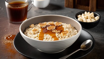  a bowl of oatmeal topped with caramel syrup.  generative ai