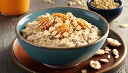 Fototapeta na wymiar a bowl of oatmeal with nuts on a plate. generative ai