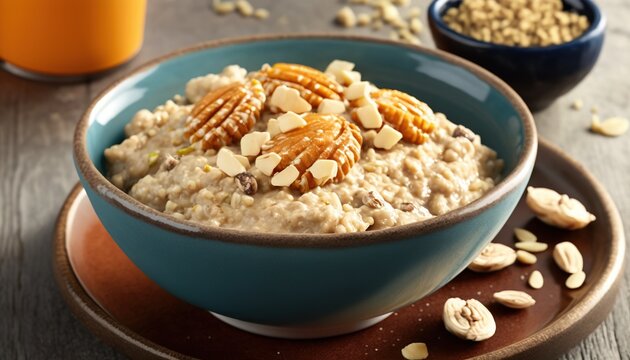  a bowl of oatmeal with nuts on a plate.  generative ai
