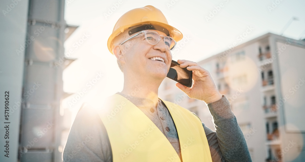 Poster architecture, construction and old man on a phone call in city for network, industrial and building.
