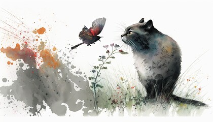  a painting of a cat and a bird on a white background.  generative ai