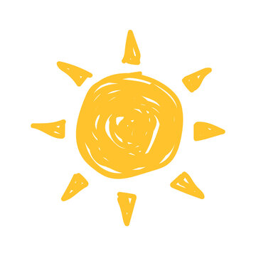 Cartoon sunshine icon or logo. Children nursery decoration with sunny day designs. Kid happy morning vector. Warm shining beams