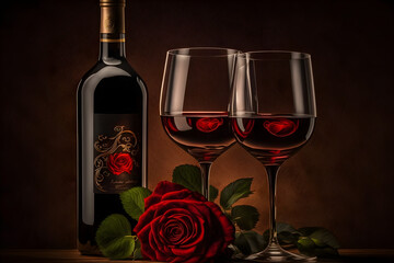 A Toast to Love: Two Glasses of Red Wine Paired with Red Roses on a Deep Red Background