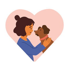Girl owner cuddling her dog. Human animal friendship concept. Vector illustration in shape of heart.