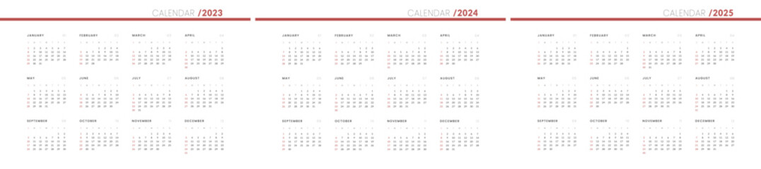Set of 2023-2025 Annual Calendar template. Vector layout of a wall or desk simple calendar with week start sunday.