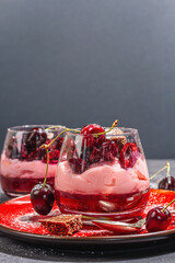 Delicious Italian dessert panna cotta with sweet cherry sauce, fresh berries and chocolate