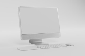 3d Computer monitor, wireless mouse, keyboard float on white background.3d illustration