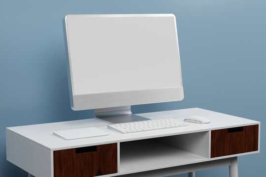 Workspace with mockup blank screen laptop computer. 3D Rendering.