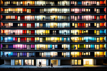 Building facade with the windows lighted in different colors, generative IA