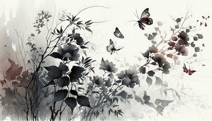  a painting of flowers and butterflies on a white background with watercolor effect.  generative ai