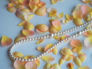 バラの花びらとパールネックレス