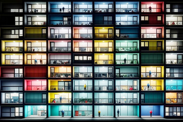 Building facade with the windows lighted in different colors, generative IA