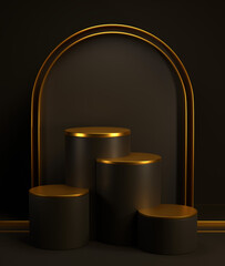 cylinder podium display for product and presentation in a dark scene, minimal style with golden arch, 3D rendering