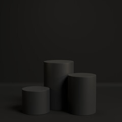 black cylinder display and presentation in a dark scene, and objects, 3D rendering