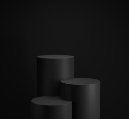 black cylinder display and presentation in a dark scene, and objects, 3D rendering