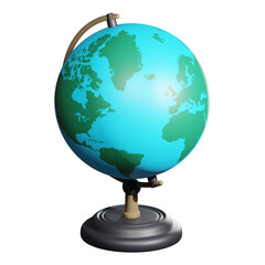 3D rendering of school globe on wooden stand. Studying geography of countries and continents at school and institution. Realistic PNG illustration isolated on transparent background