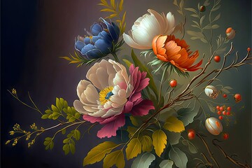 Peonies and berries on a dark background.
