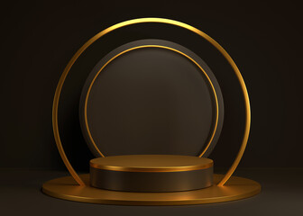 circle or cylinder podium display for product and presentation in a dark scene with gold circle, minimal style, 3D rendering