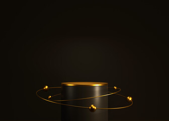 cylinder podium display for product and presentation in a dark scene with gold circle and golden orbiting objects, minimal style, 3D rendering