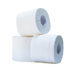 three rolls of white tissue paper or napkin in stack prepared for use in toilet or restroom isolated on white background with clipping path.