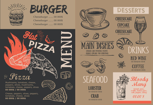 Pizza food Menu, Restaurant, Cafe, template design. Hand drawn illustrations, Food flyer.