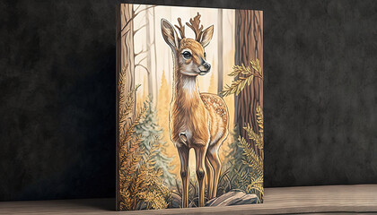  a painting of a deer standing in a forest with trees.  generative ai